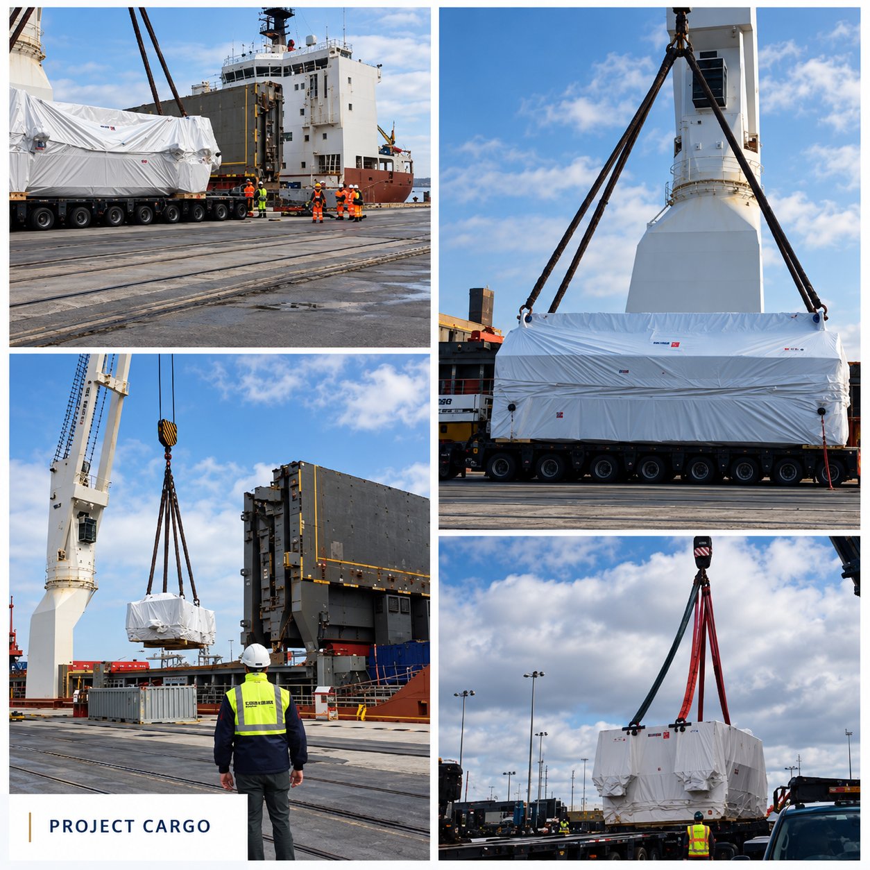Heavy machinery and oversized cargo handled at a port